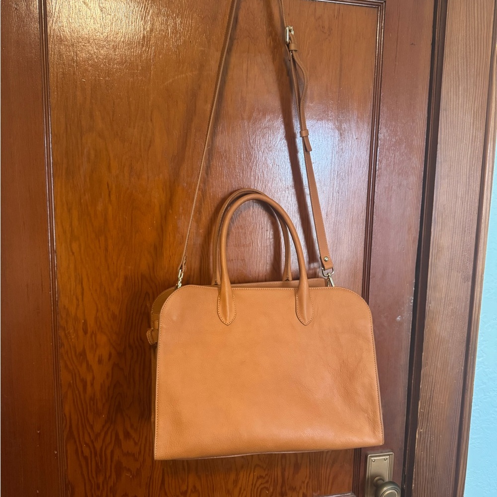 Structured Tan Leather Satchel with Top Handles and Detachable Strap